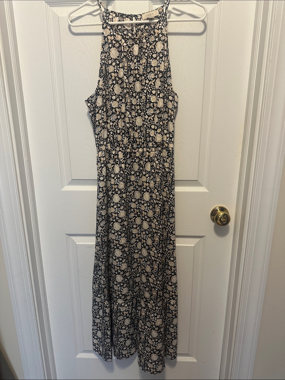 LOFT Black and Cream Floral Halter Maxi Dress with High Neck